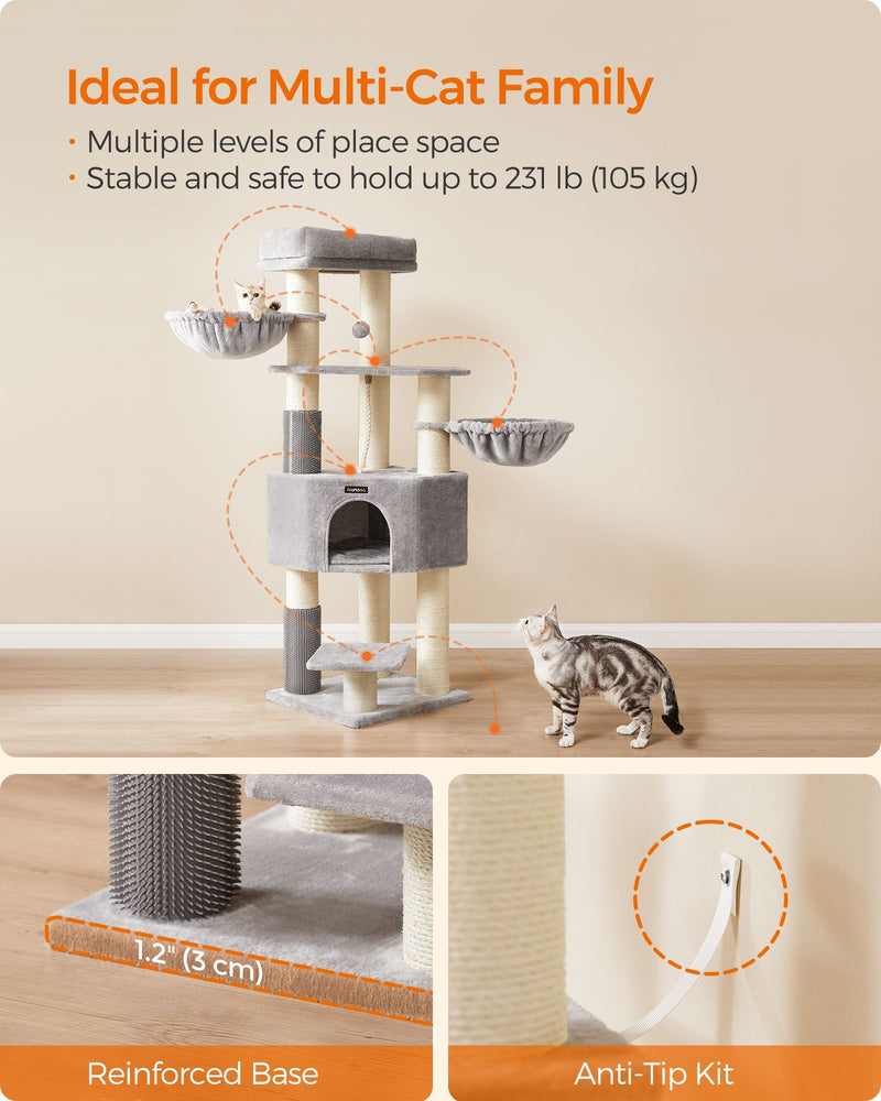 Front view of the cat tower showing all levels and the reinforced base