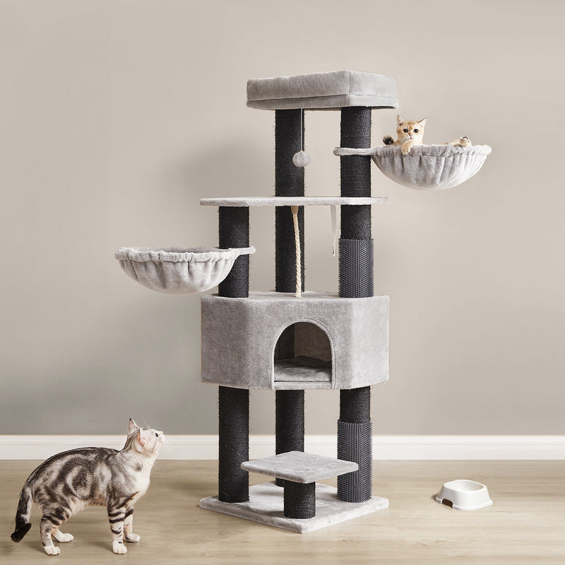 Feandrea heavy duty cat tree in dove grey and black with cats on hammock and perches
