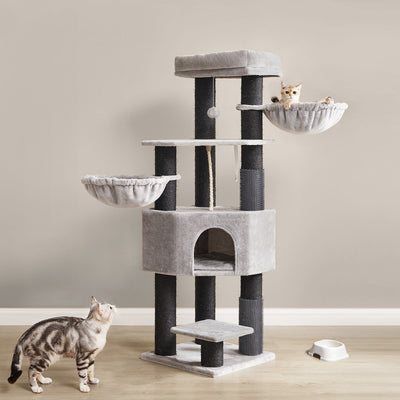 Feandrea heavy duty cat tree in dove grey and black with cats on hammock and perches