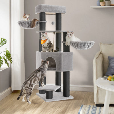 Close-up of the self-warming pad and built-in groomer on the dove grey cat tree