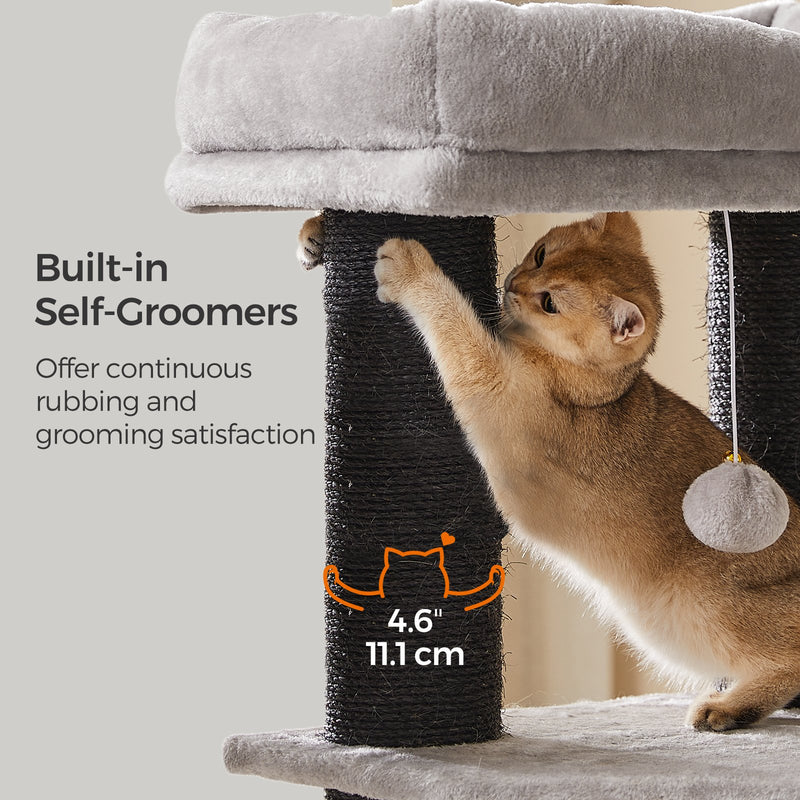 Multiple cats climbing and resting on the dove grey and black heavy duty cat tree