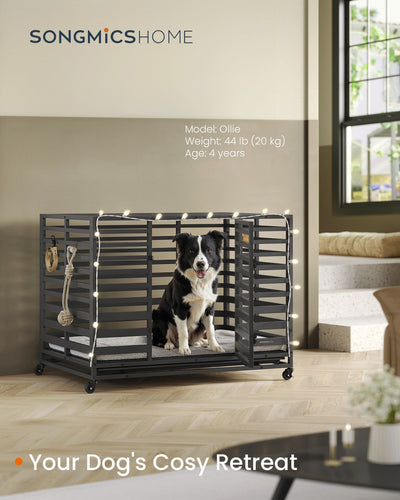 Ink black dog crate showing lockable caster wheels close up