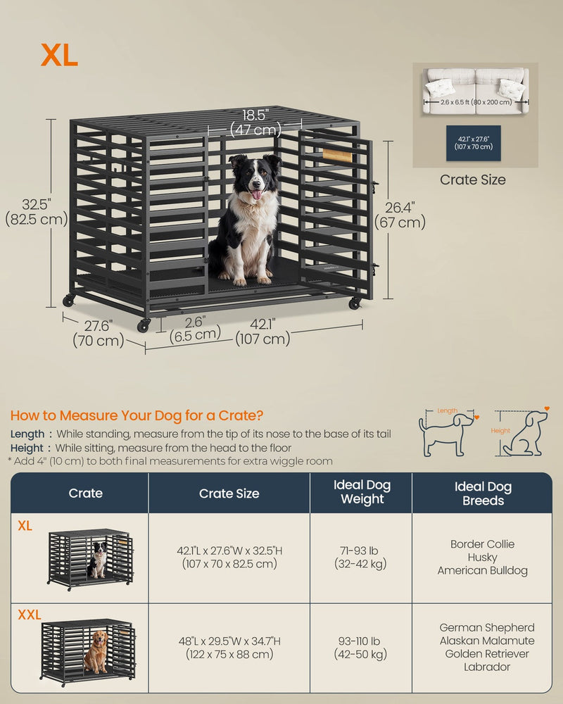 Large dog crate dimensions diagram, 107 x 70 x 88 cm