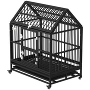 Angled view of the black dog crate showing the pointed roof, side bars and wheels