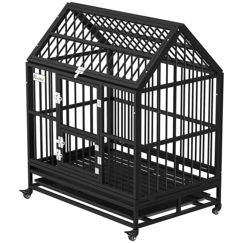 Angled view of the black dog crate showing the pointed roof, side bars and wheels