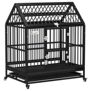 Black heavy duty steel dog crate with a pointed roof, front door and four wheels on a white background