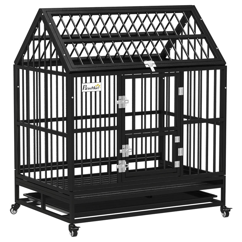 Black heavy duty steel dog crate with a pointed roof, front door and four wheels on a white background