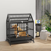 Golden retriever sitting inside the black dog crate in a living room