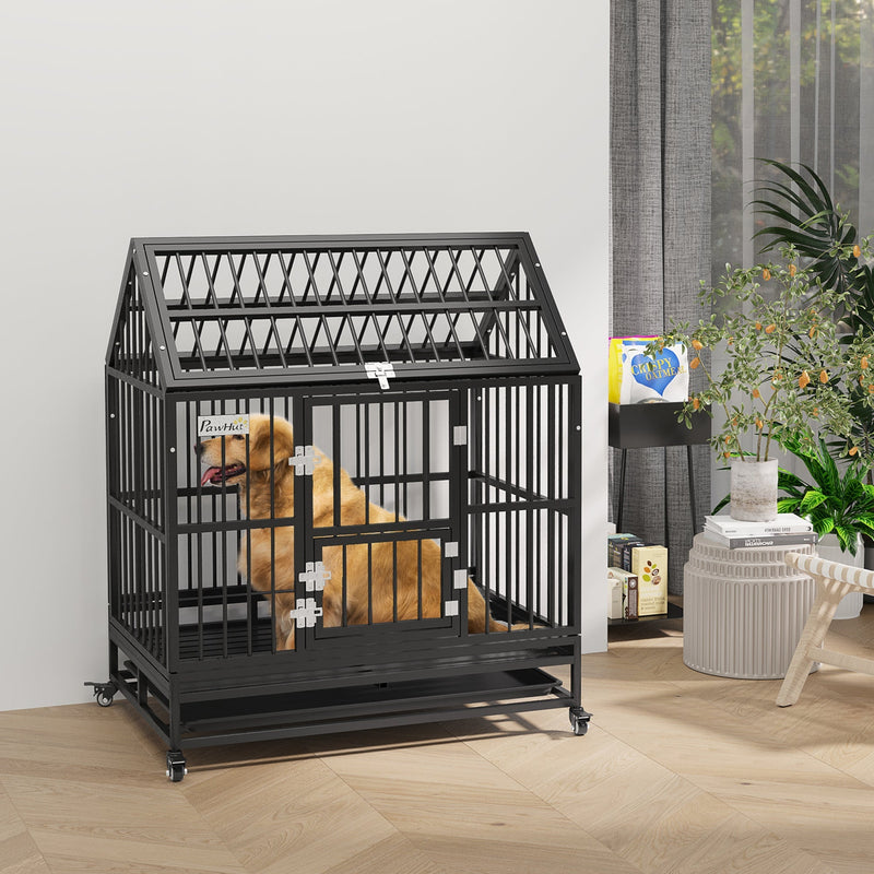 Golden retriever sitting inside the black dog crate in a living room