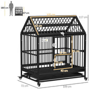 Dimensions diagram of the dog crate showing 109 cm length, 72 cm width, 117 cm height and door sizes