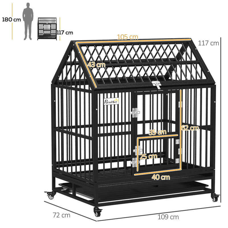 Dimensions diagram of the dog crate showing 109 cm length, 72 cm width, 117 cm height and door sizes