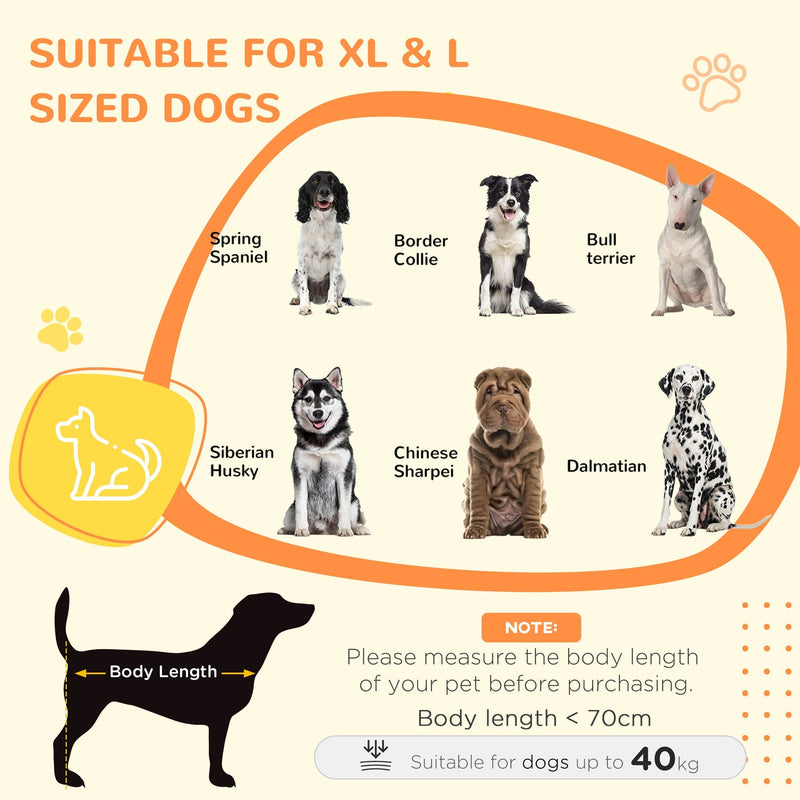Size guide for extra large and large dogs, with a note on body length under 70 cm and a 40 kg limit
