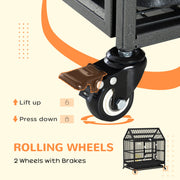 Close-up of a rolling wheel with a brake lever that lifts up to unlock and presses down to lock