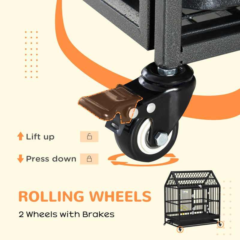 Close-up of a rolling wheel with a brake lever that lifts up to unlock and presses down to lock