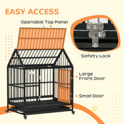 Dog crate with the top panel raised and the front and small doors labelled, with a close-up of the safety lock