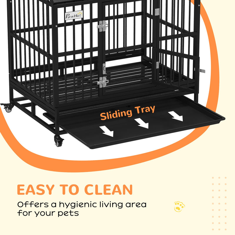 Lower half of the dog crate with the tray slid out of the base