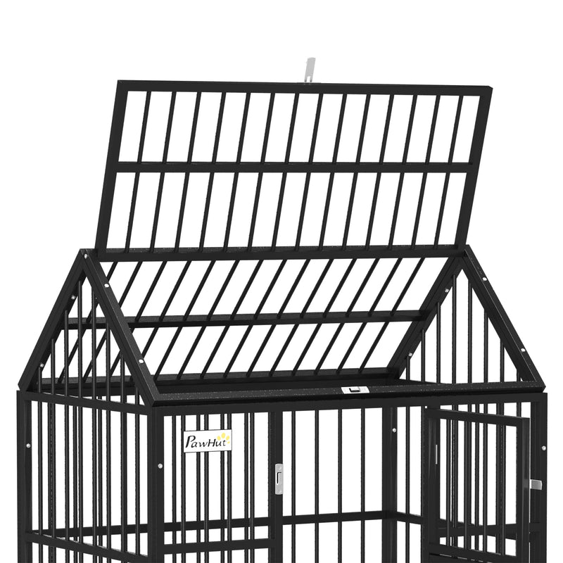 Roof panel of the dog crate lifted open above the pointed top