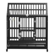 Straight-on front view of the black dog crate showing the main door, small door and latches