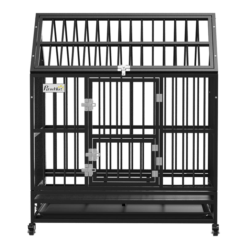 Straight-on front view of the black dog crate showing the main door, small door and latches