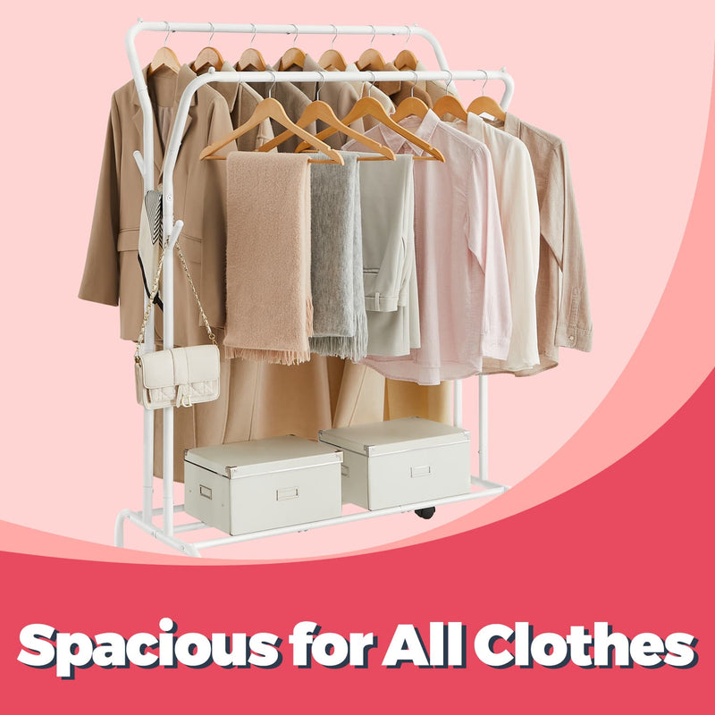 Close-up of the rack fully loaded with clothes and storage boxes on the bottom shelf