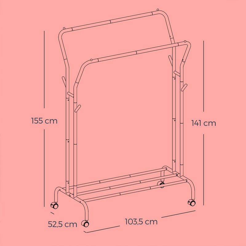 Dimensions diagram showing the rack at 52.5 x 103.5 x 155 cm
