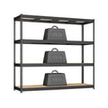 Songmics 4-tier heavy duty garage shelving unit in ink black, studio shot with 500kg weights on each shelf