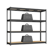 Songmics 4-tier heavy duty garage shelving unit in ink black, studio shot with 500kg weights on each shelf