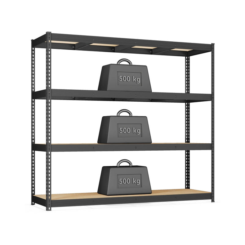 Songmics 4-tier heavy duty garage shelving unit in ink black, studio shot with 500kg weights on each shelf