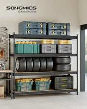 Ink black garage shelving unit styled in a garage holding tool boxes, tyres, and storage bins