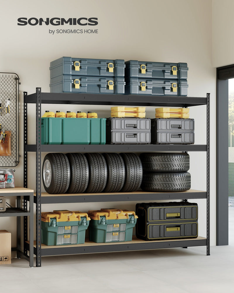 Ink black garage shelving unit styled in a garage holding tool boxes, tyres, and storage bins