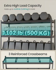 Close-up of the shelving unit's 3 reinforced crossbeams supporting a 2000kg total load