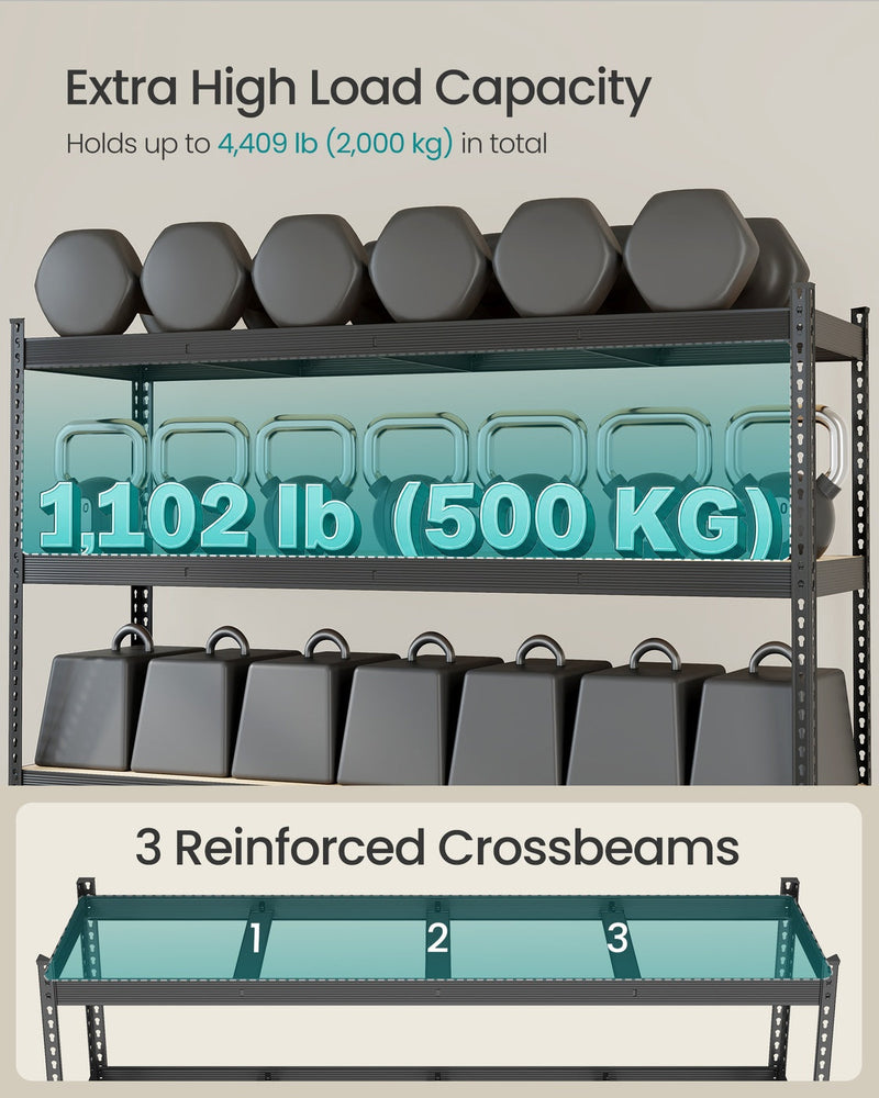 Close-up of the shelving unit's 3 reinforced crossbeams supporting a 2000kg total load