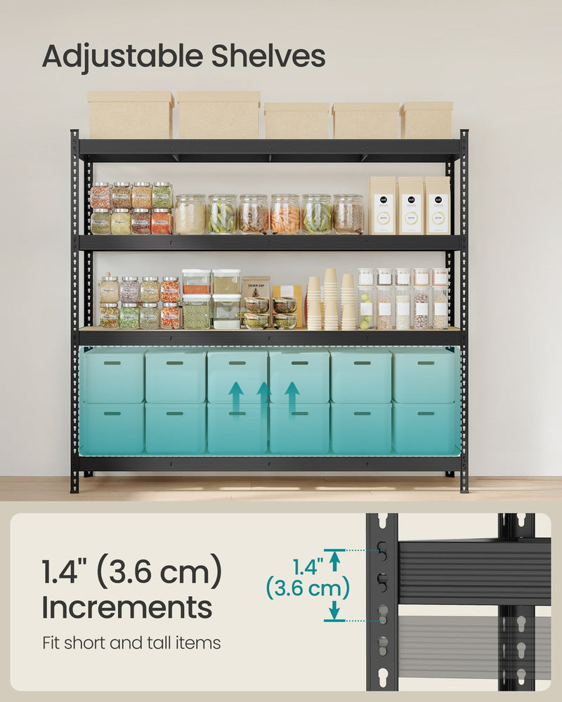 Adjustable shelf increments on the garage shelving unit shown at 3.6cm intervals