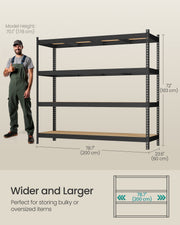 Dimensions diagram of the 4-tier garage shelving unit showing 200cm width, 60cm depth and 183cm height