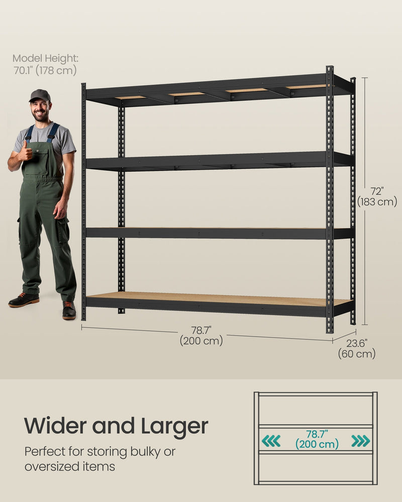 Dimensions diagram of the 4-tier garage shelving unit showing 200cm width, 60cm depth and 183cm height