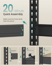 Step-by-step assembly diagram for the boltless garage shelving unit