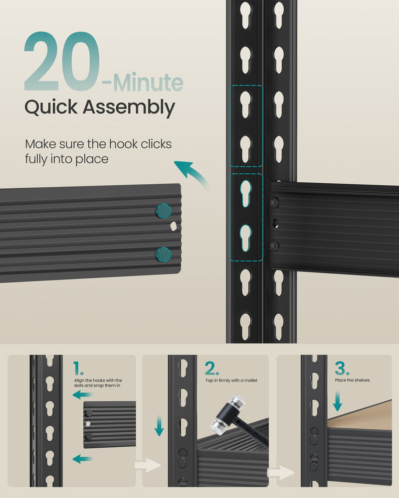 Step-by-step assembly diagram for the boltless garage shelving unit