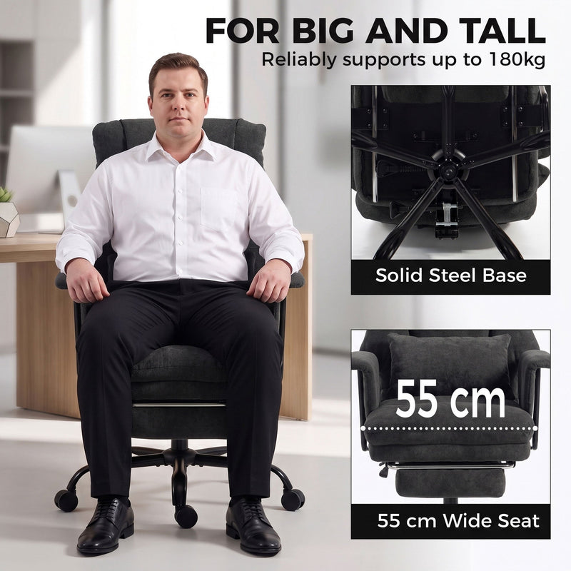 Homcom office chair supporting a big and tall user, showing the solid steel base and 55cm wide seat