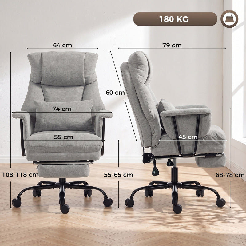 Dimension diagram showing the chair at 74 cm wide, 79 cm deep, 108-118 cm tall with seat and armrest heights labelled