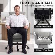 Close-up of the solid steel base and 55 cm wide seat, shown supporting a big and tall user