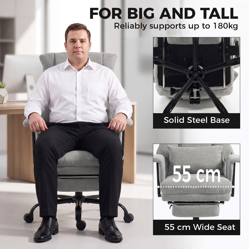 Close-up of the solid steel base and 55 cm wide seat, shown supporting a big and tall user