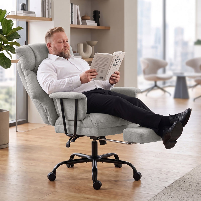 Grey office chair shown from the back, showing the high backrest and headrest