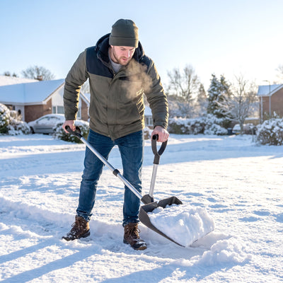Man using the snow shovel with assist handle to clear a snowy driveway
