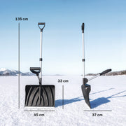 Dimension diagram showing 135cm shovel height, 45cm blade width and 33cm folded width