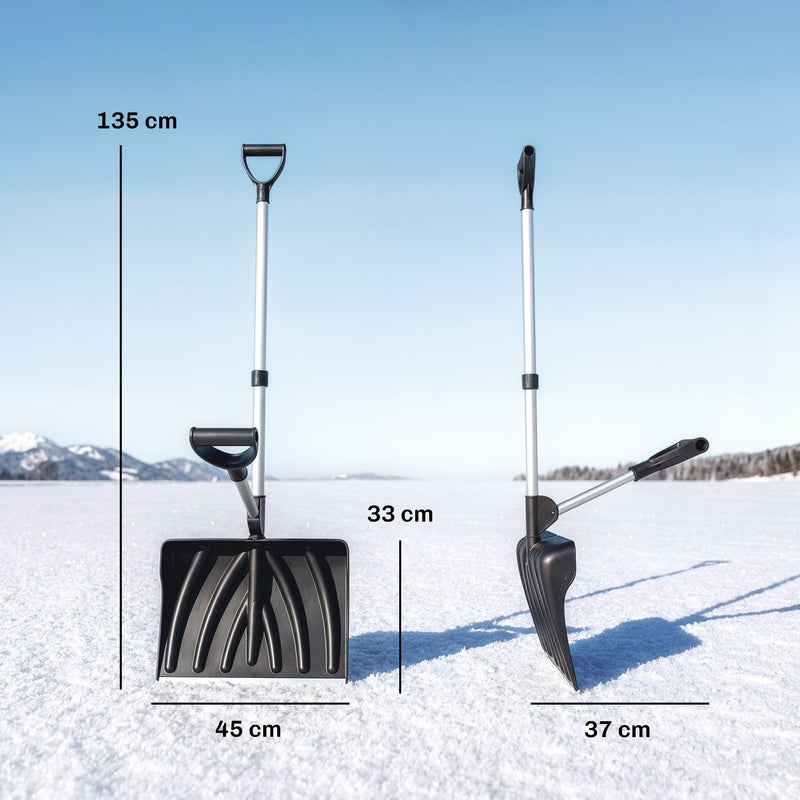 Dimension diagram showing 135cm shovel height, 45cm blade width and 33cm folded width