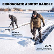 Comparison showing the ergonomic assist handle reduces bending and strain versus a standard shovel