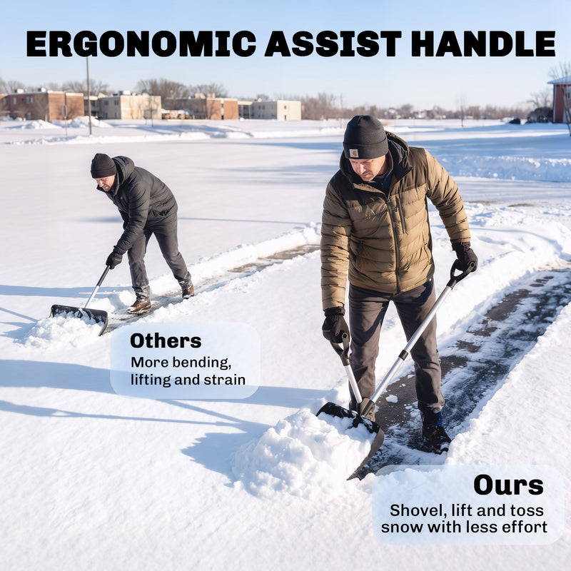 Comparison showing the ergonomic assist handle reduces bending and strain versus a standard shovel