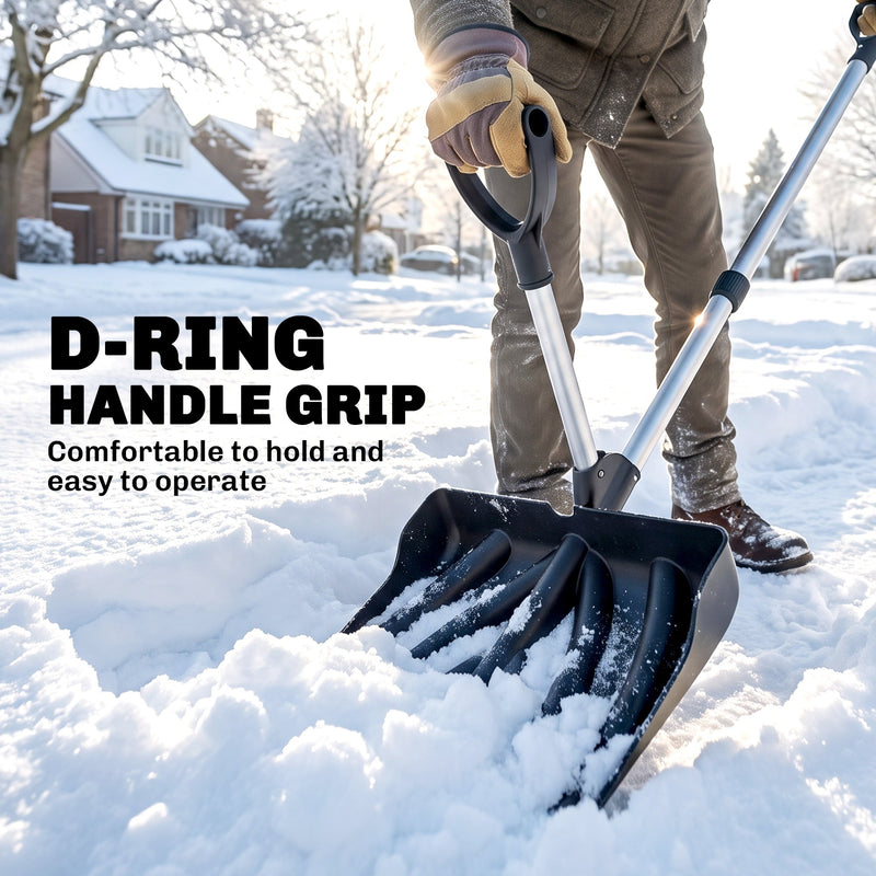 Close-up of the D-ring handle grip while scooping snow