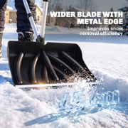 Close-up of the 45cm wide metal-edged blade cutting through snow