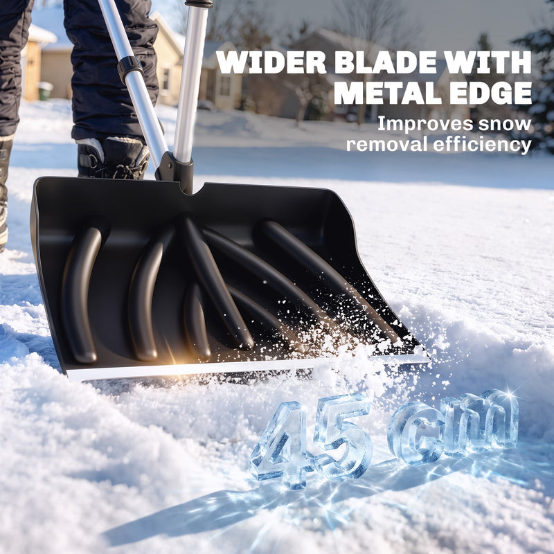 Close-up of the 45cm wide metal-edged blade cutting through snow
